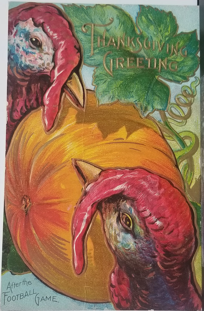 Thanksgiving Postcard Embossed Turkeys with Pumpkin Gold Highlights After the Football Game Series No 4