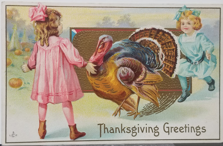Thanksgiving Postcard Gold Embossed Little Girls with Turkey Series 204