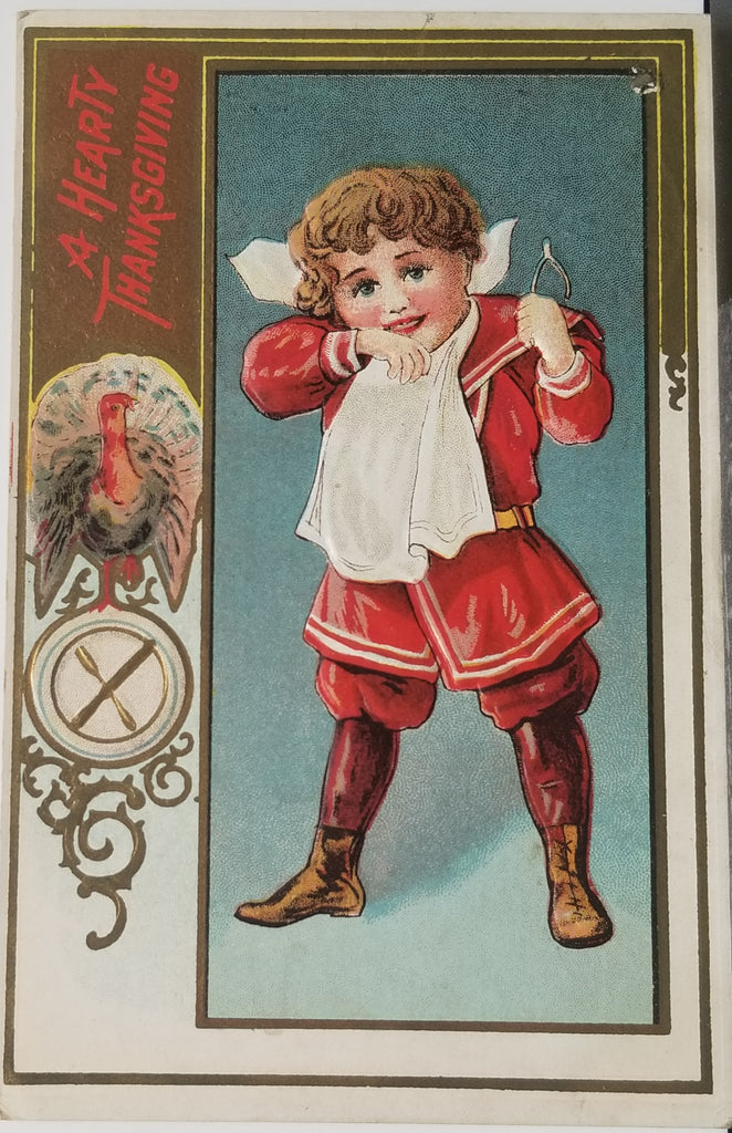Thanksgiving Postcard Embossed Young Boy Holding Wishbone Series 11