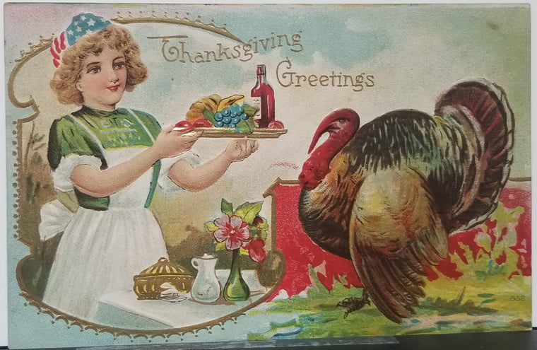 Thanksgiving Postcard Girl Serving Dinner Wearing American Flag Hat Series 852 Large Turkey in Corner