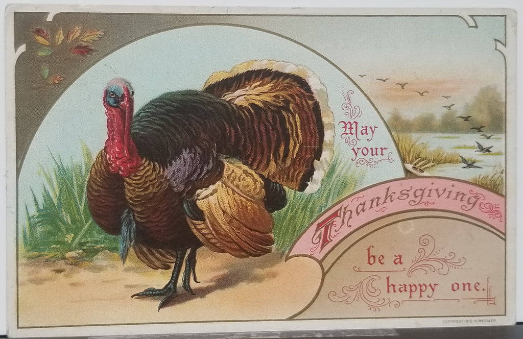 Thanksgiving Postcard Embossed Turkey in Landscape Flying Geese in the Back Series 684