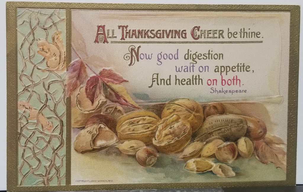 Thanksgiving Postcard John Winsch Publishing Squirrels Gathering Nuts Shakespeare Poem
