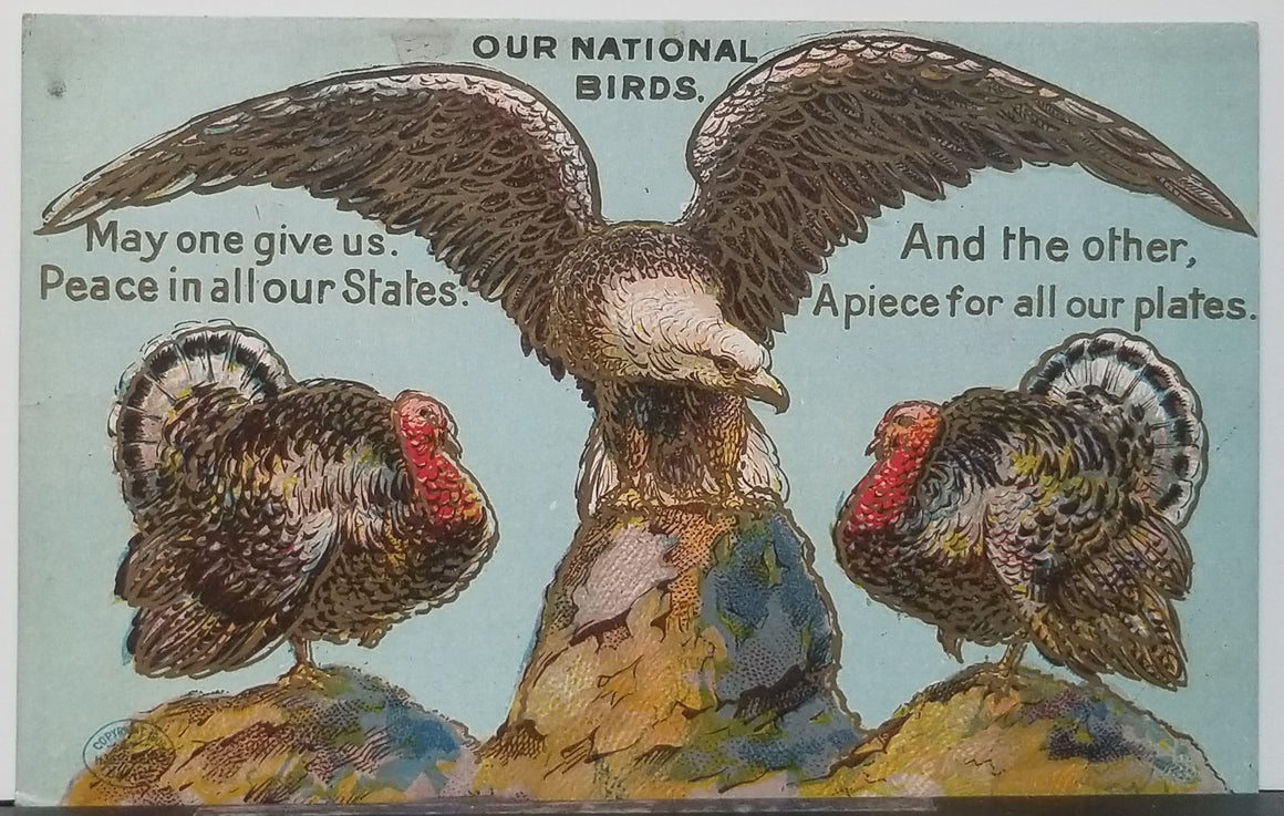 Thanksgiving Postcard Our National Birds Eagle Over Two Turkeys Embossed Gold Highlights
