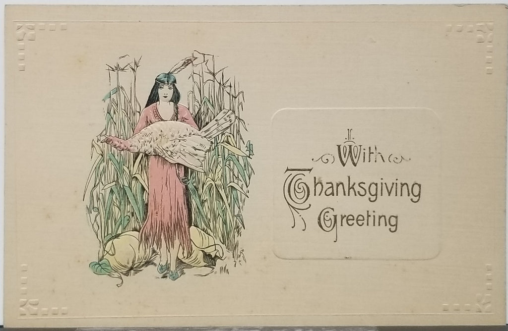 Thanksgiving Postcard Native American Woman Holding White Turkey in Field John Winsch Publishing
