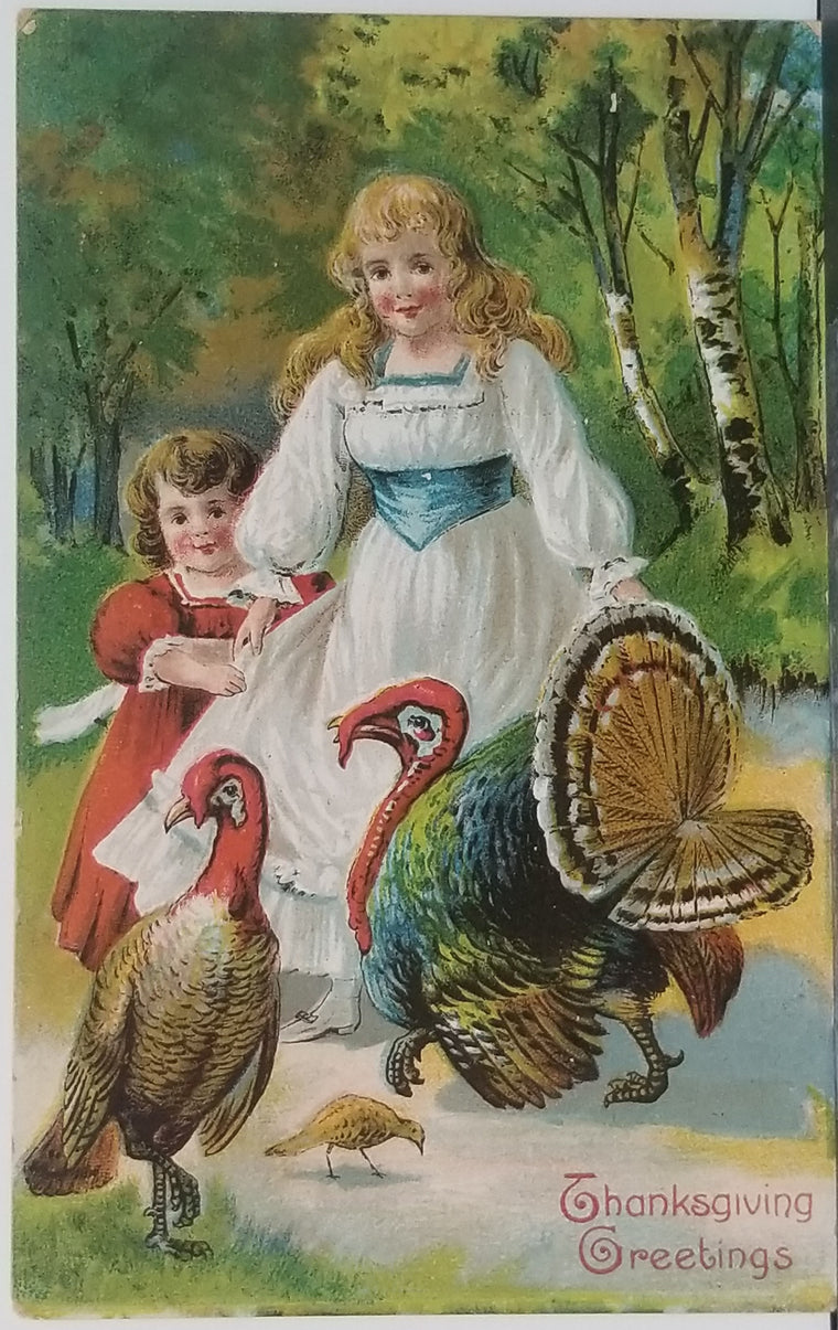 Thanksgiving Postcard Little Girls with Turkeys in Forest on Path Gold Embossed Series 730