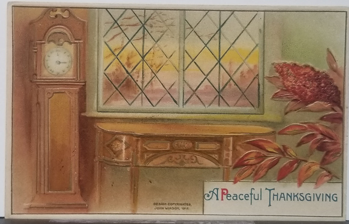 Thanksgiving Postcard John Winsch Publishing Home Scene w/ Grandfather Clock