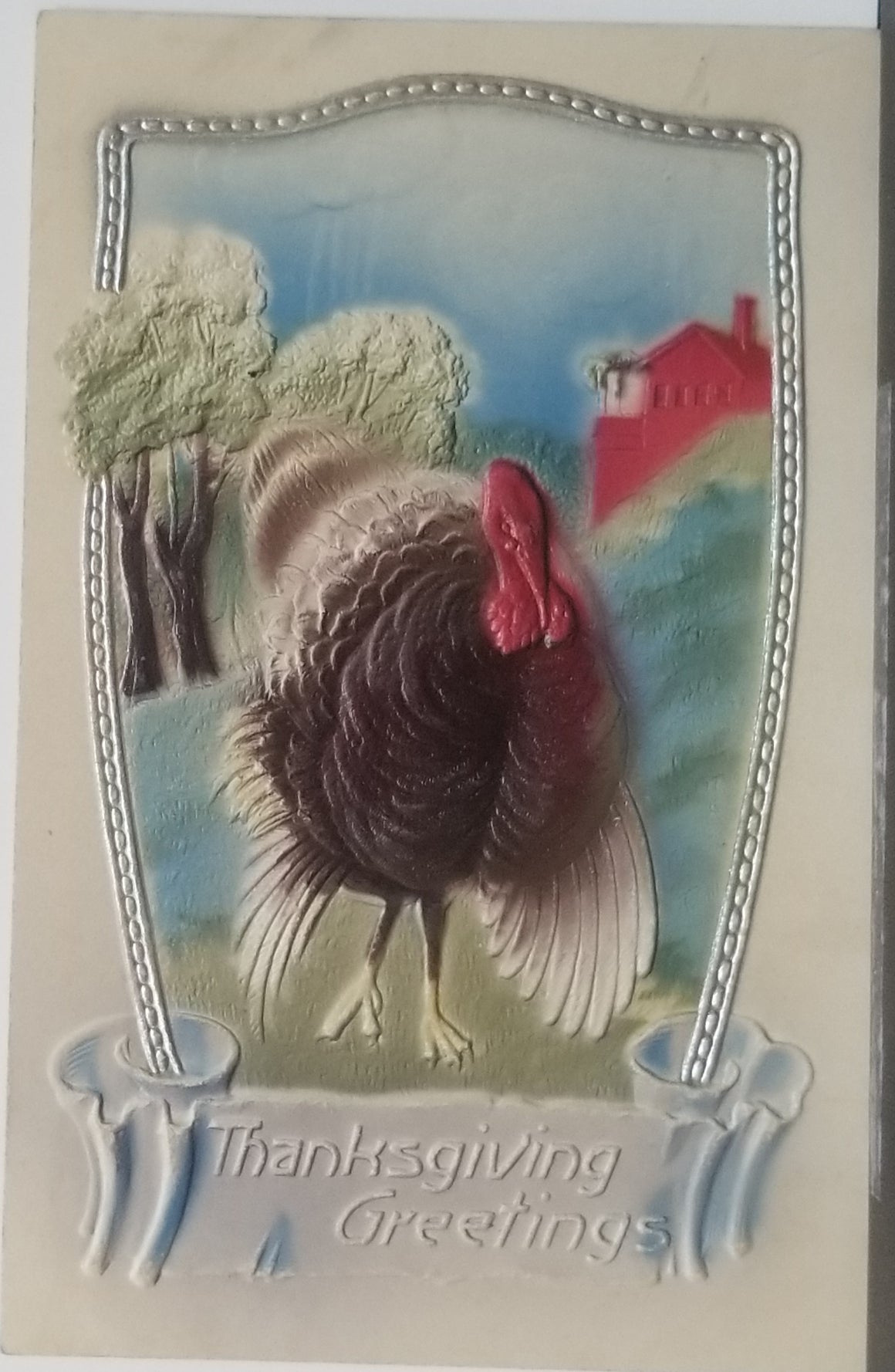 Thanksgiving Postcard Heavy Embossed Card Airbrush Painted Turkey in Landscape with Barn