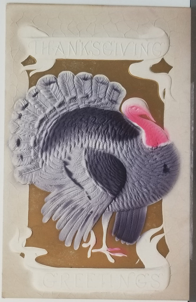 Thanksgiving Postcard Heavy Embossed Card Airbrush Painted Turkey in Purple