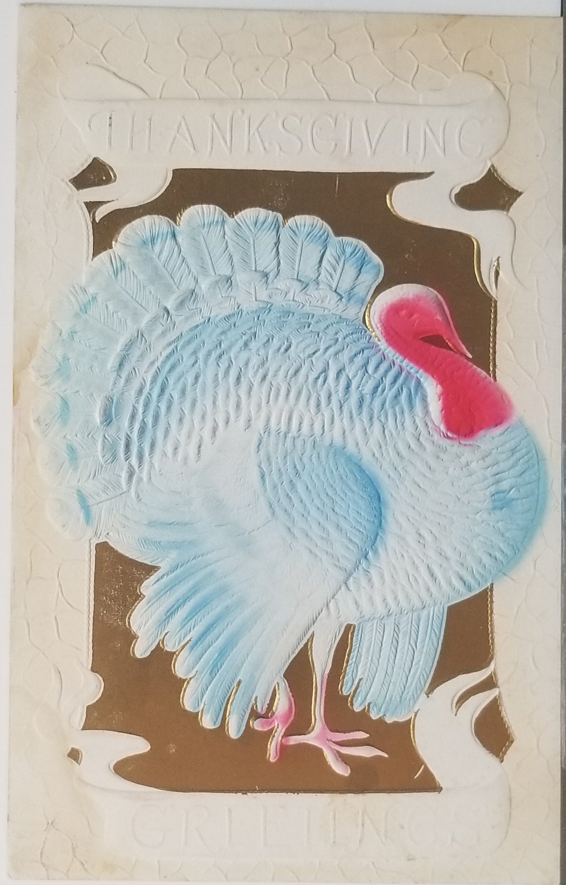Thanksgiving Postcard Heavy Embossed Card Airbrush Painted Turkey in Blue