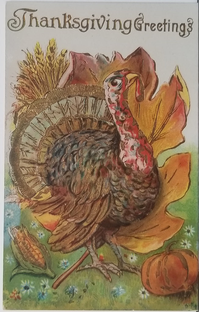 Thanksgiving Postcard Gold Embossed Turkey Standing with Large Autumn Leaf & Foliage