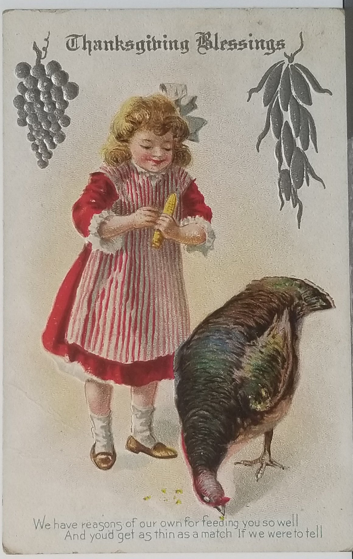 Thanksgiving Postcard Silver Embossed Card with Little Girl Feeding Turkey No 12