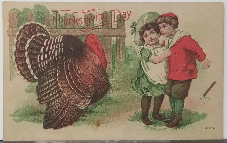 Thanksgiving Postcard Turkey with Frightened Children Red Green Color Highlights