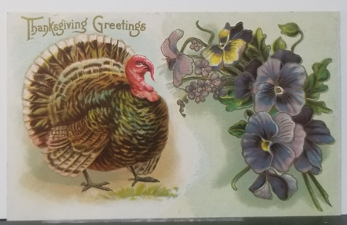 Thanksgiving Postcard Turkey Standing with Purple Flowers Embossed Card