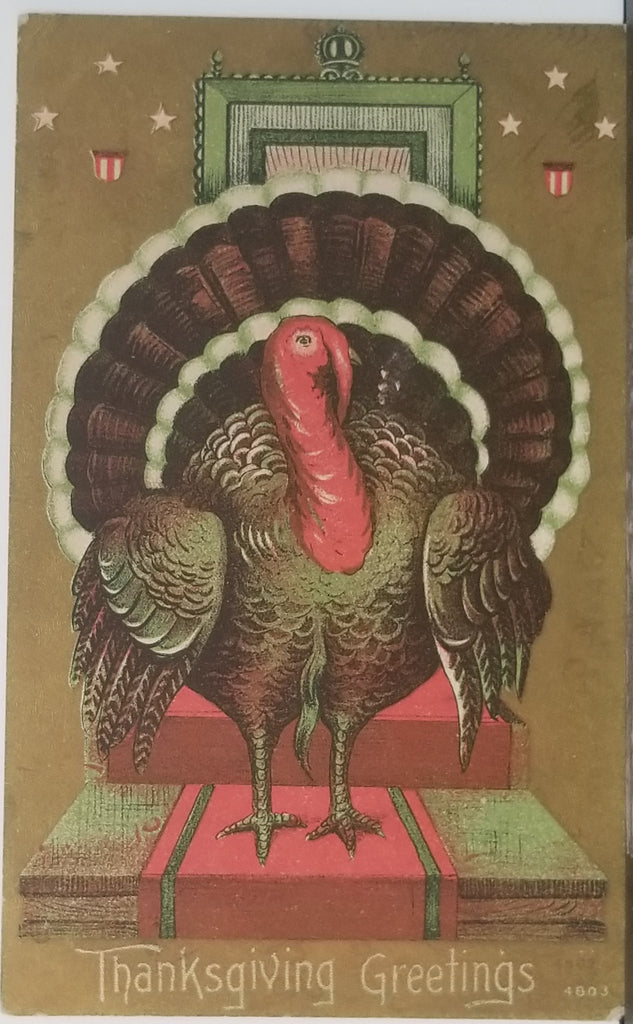 Thanksgiving Postcard Turkey on Platform Gold Background Series 4603