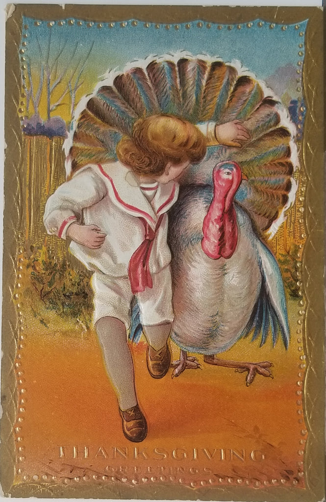 Thanksgiving Postcard Boy Running with Turkey Gold Embossed Printed in Germany