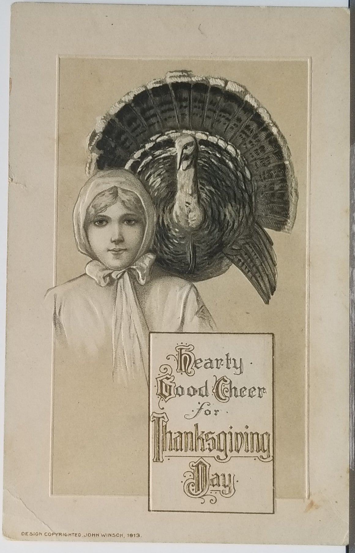 Thanksgiving Postcard Artist Samuel Schmucker Pilgrim Woman with Turkey John Winsch Publishing Sepia Tone