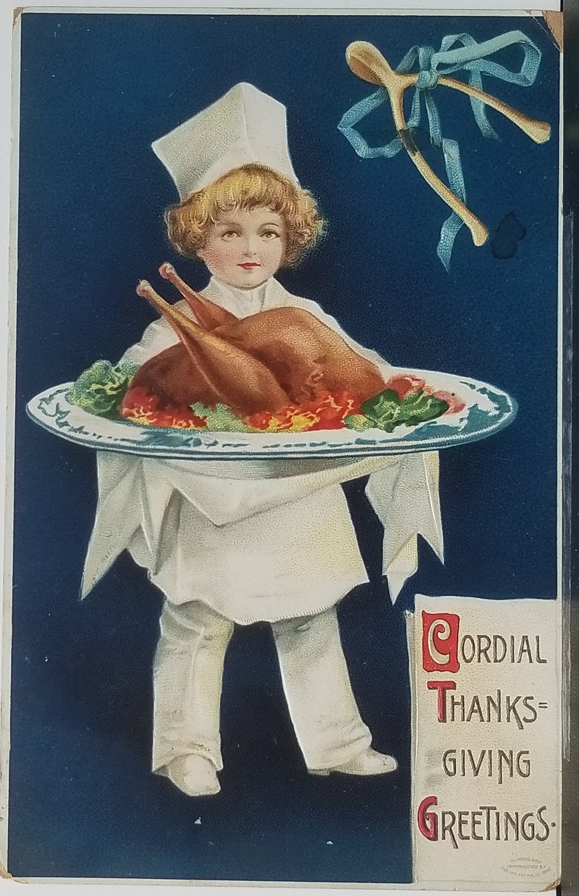 Thanksgiving Postcard Child Chef Delivering Turkey Dinner Cordial Greetings Artist Ellen Clapsaddle 51784