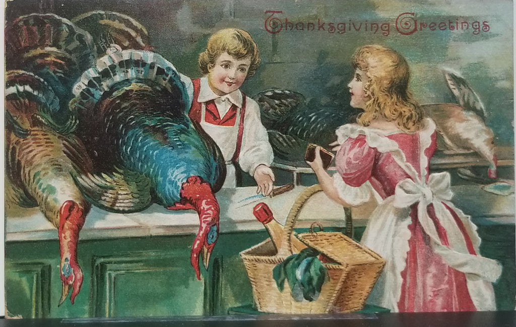 Thanksgiving Postcard Boy Selling Turkeys Girl Holding Picnic Basket Series 741