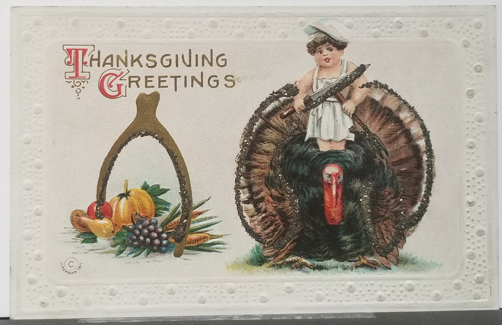 Thanksgiving Postcard Embossed Butcher Boy on Large Turkey Wishbone on Side M-132 Applied Glitter