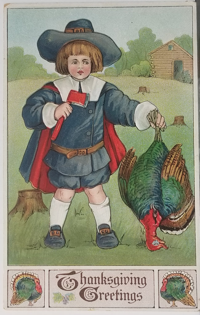 Thanksgiving Postcard Embossed Boy Puritan Pilgrim Holding Turkey Series 376 Printed in Germany