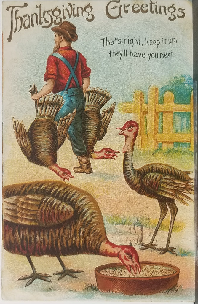 Thanksgiving Postcard Embossed Card Man Carrying Turkeys Away From Others in Lawn Series 301