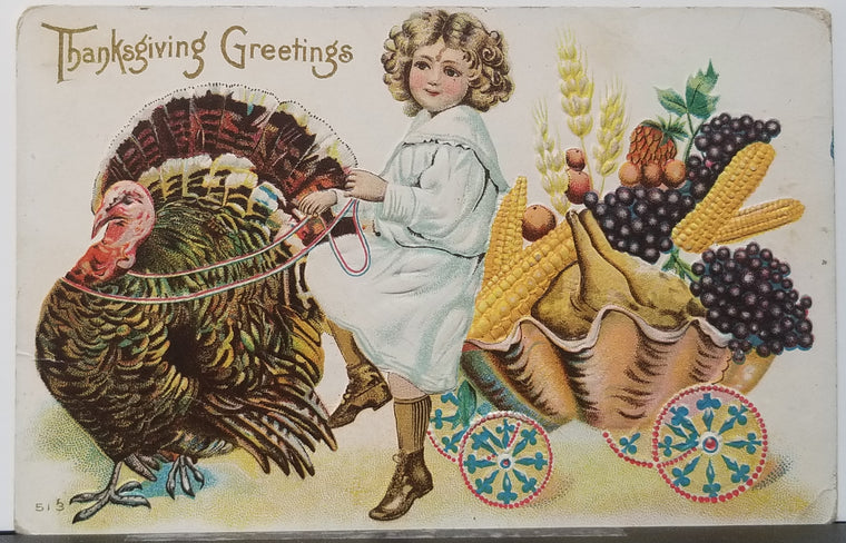 Thanksgiving Postcard Embossed Card Little Girl with Autumn Harvest Cart Turkey on Reigns