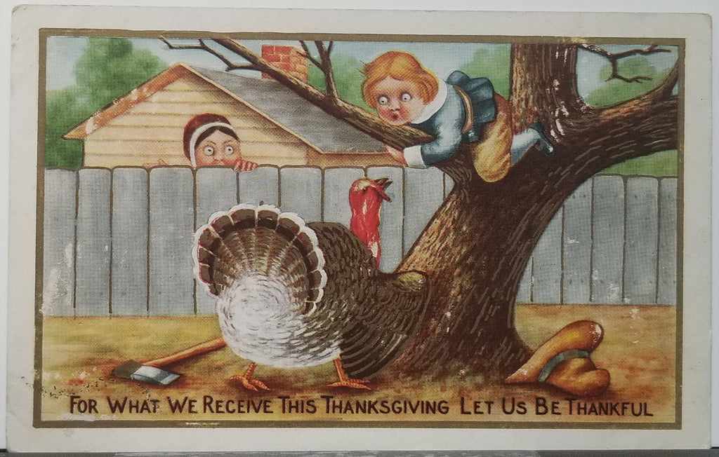 Thanksgiving Postcard Embossed Card Boy Climbing Tree From Turkey