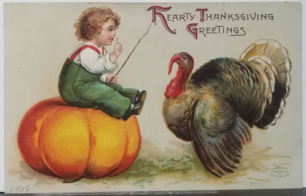 Thanksgiving Postcard Embossed Card Artist Ellen Clapsaddle Boy on Giant Pumpkin Teasing a Turkey