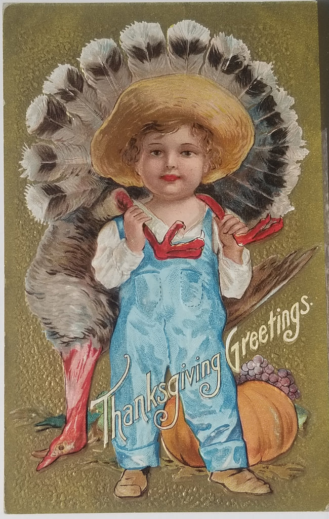 Thanksgiving Postcard Embossed Boy Carrying Turkey Gold Background Series No 1