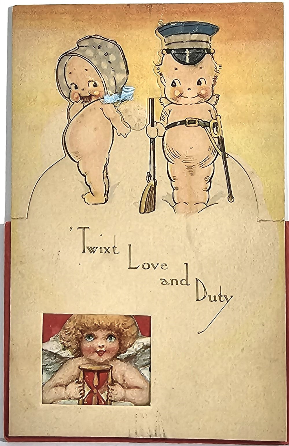 Rose O' Neill Kewpie Twixt Love and Duty Postcard Klever Kard Popup Mechanical Peek a Boo Card
