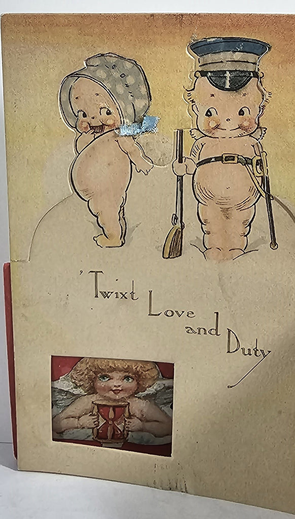 Rose O' Neill Kewpie Twixt Love and Duty Postcard Klever Kard Popup Mechanical Peek a Boo Card