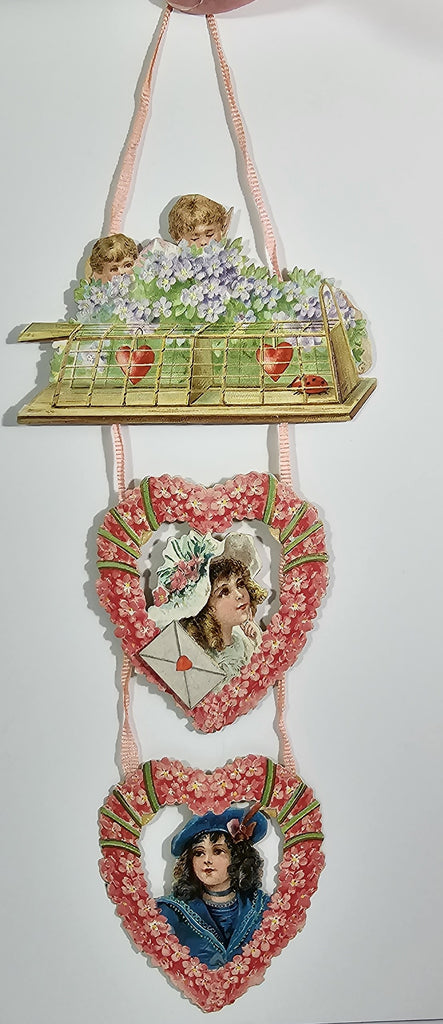 Antique Die Cut Valentine Card Hanging String Embossed Hearts with Flowers Cupids and Children
