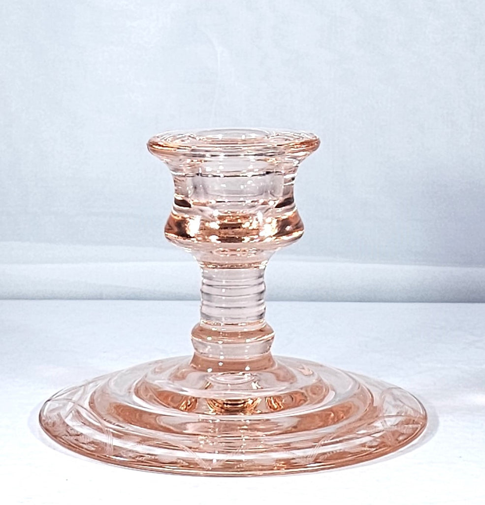 Antique Elegant Pink Depression Glass Candle Holder with Etched Design