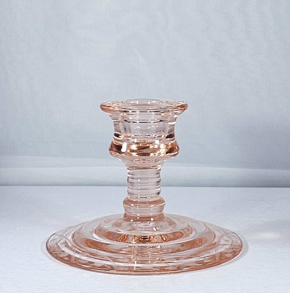 Antique Elegant Pink Depression Glass Candle Holder with Etched Design