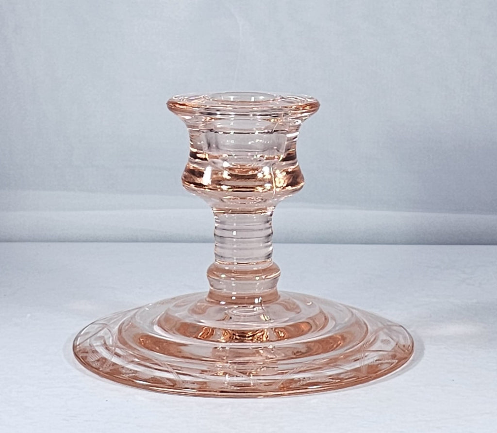 Antique Elegant Pink Depression Glass Candle Holder with Etched Design