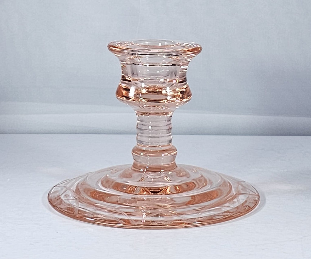 Antique Elegant Pink Depression Glass Candle Holder with Etched Design