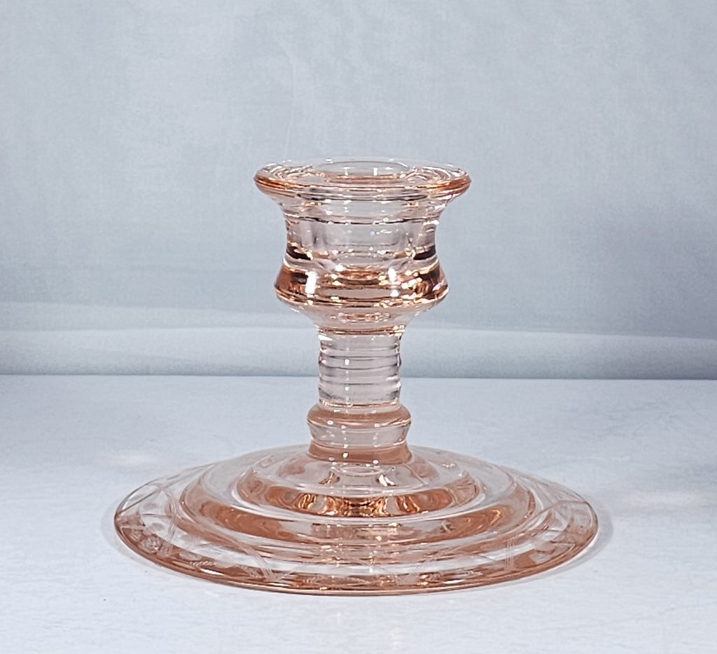 Antique Elegant Pink Depression Glass Candle Holder with Etched Design