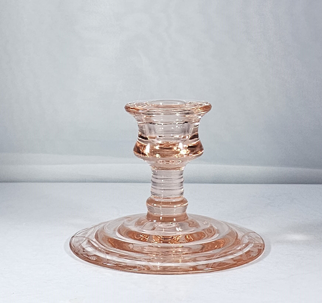 Antique Elegant Pink Depression Glass Candle Holder with Etched Design