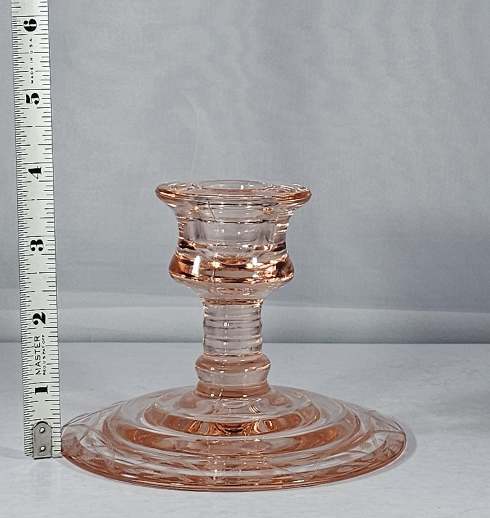 Antique Elegant Pink Depression Glass Candle Holder with Etched Design