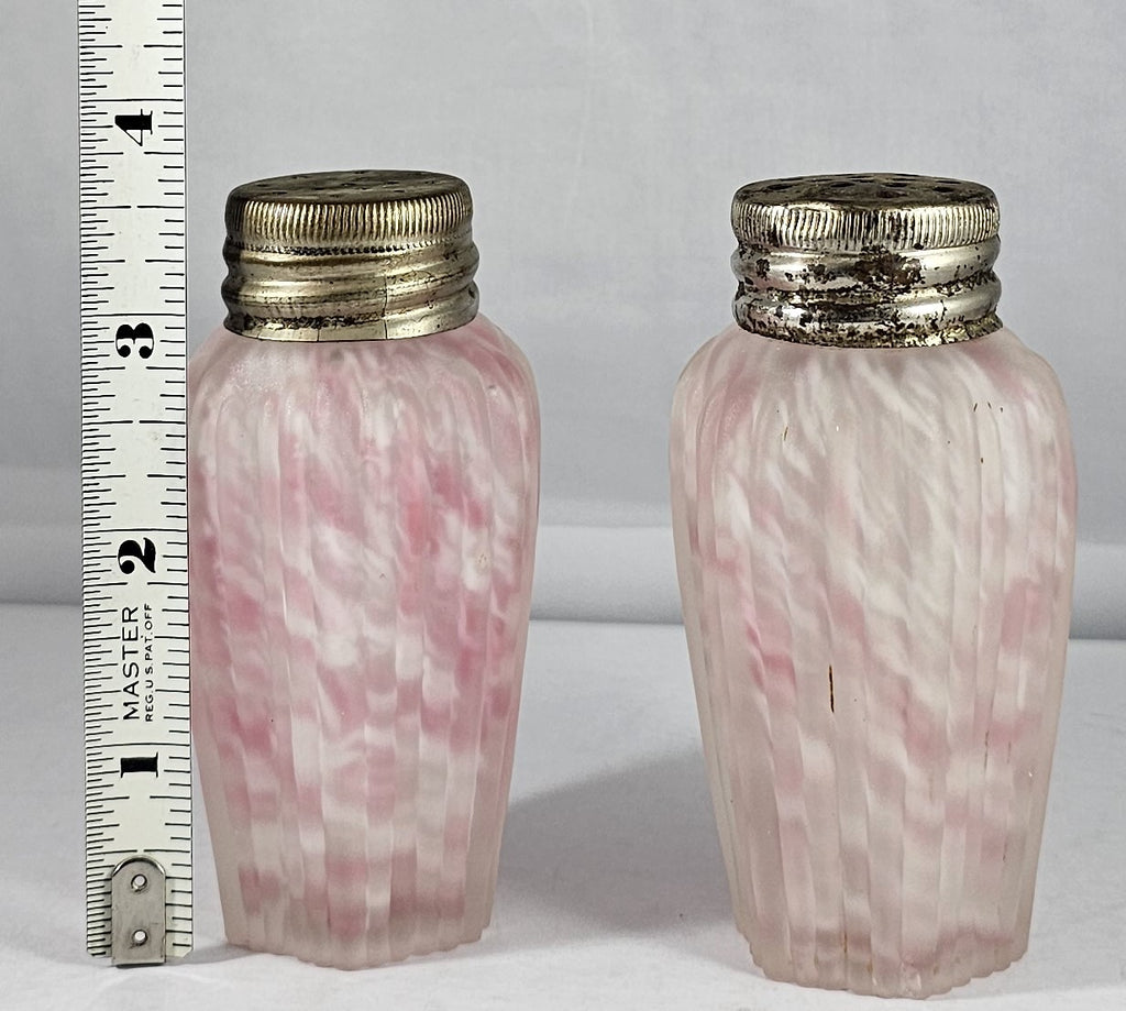 Northwood Pink Opalescent Spatter Glass Pleat Frosted Ribbed Pillar Shaker Set