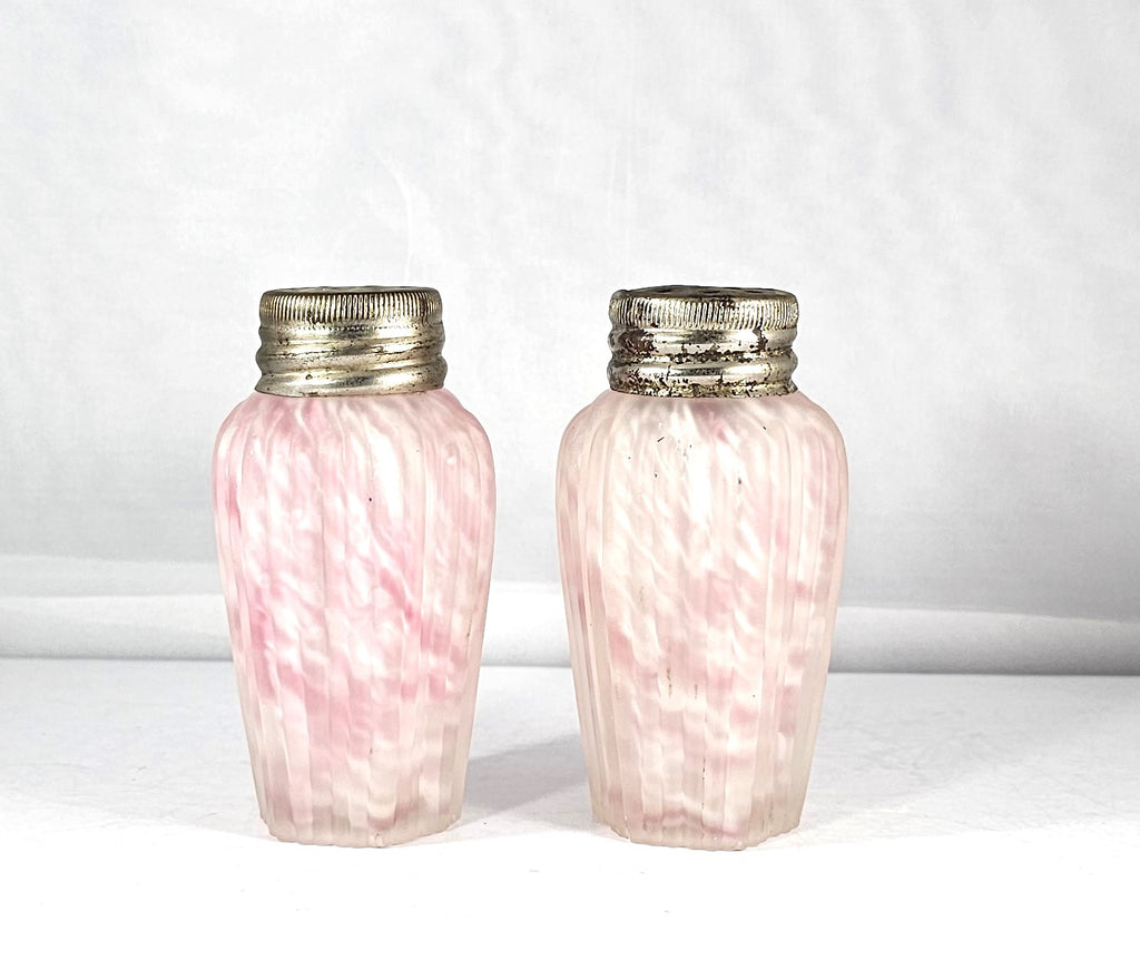 Northwood Pink Opalescent Spatter Glass Pleat Frosted Ribbed Pillar Shaker Set