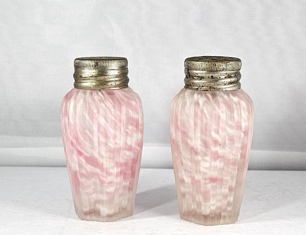 Northwood Pink Opalescent Spatter Glass Pleat Frosted Ribbed Pillar Shaker Set