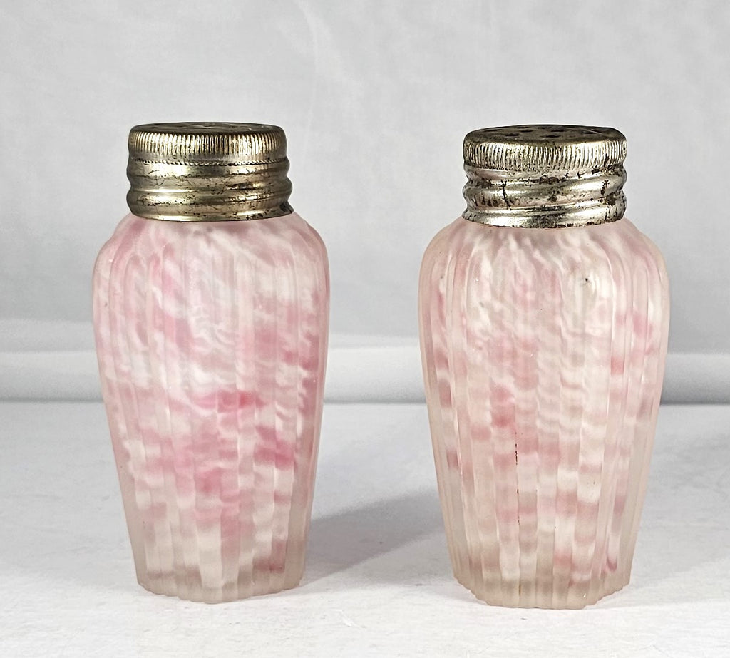 Northwood Pink Opalescent Spatter Glass Pleat Frosted Ribbed Pillar Shaker Set