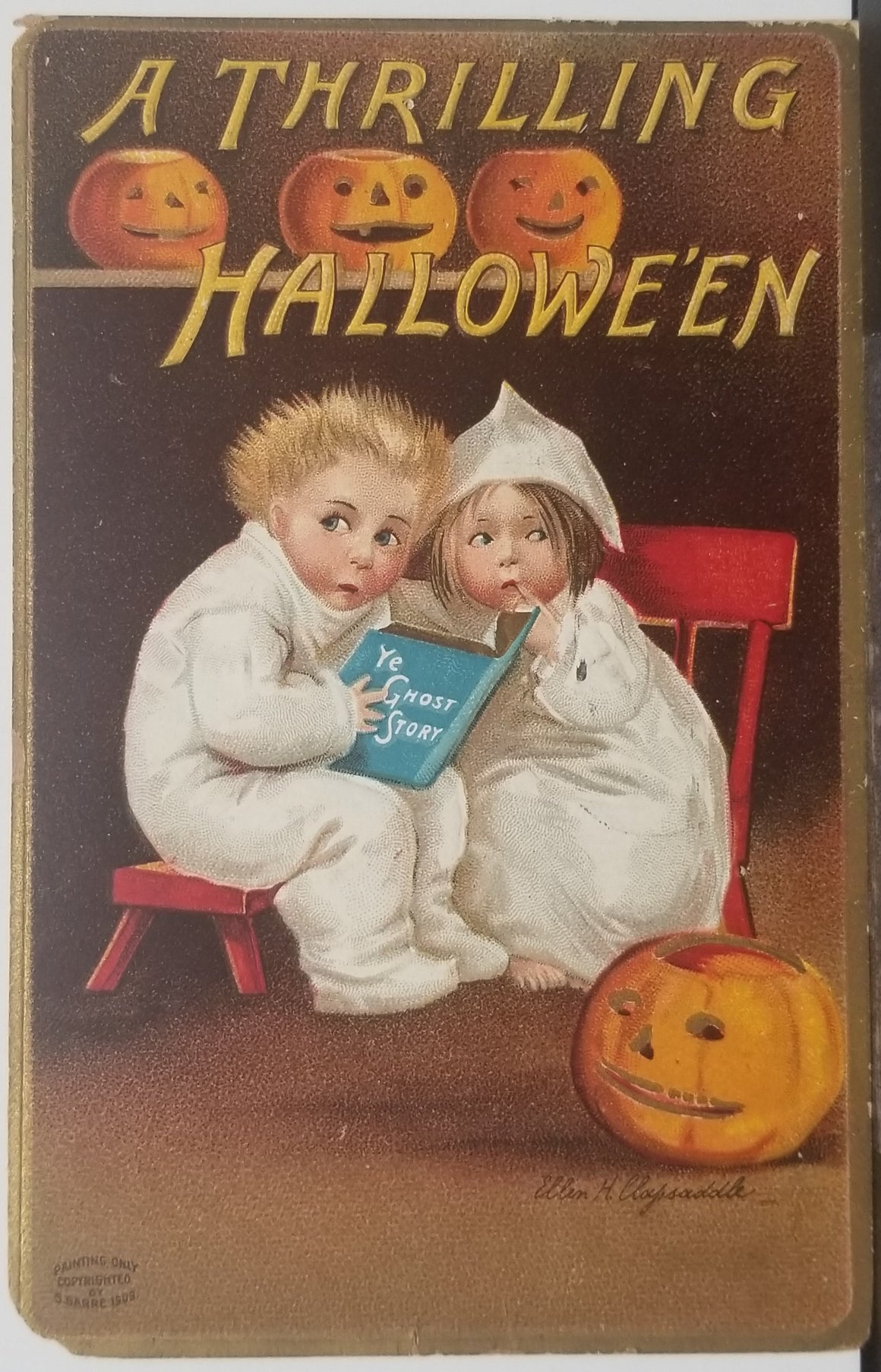 Halloween Postcard Ellen Clapsaddle Scared Children in White Gowns Reading Ghost Story A Thrilling Halloween
