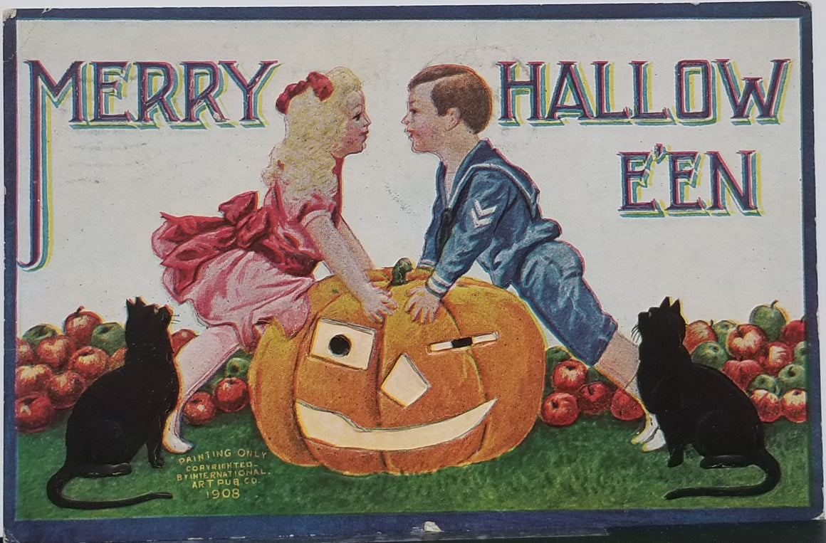 Halloween Postcard Children Leaning Over Giant Pumpkin with Black Cats Watching Intl Art Publishing Bergman