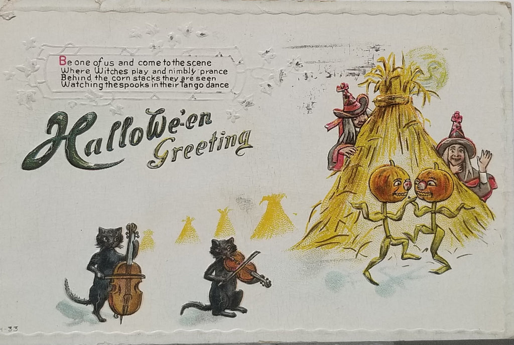 Halloween Postcard H-33 Witches in Red Watching JOL Corn Stalk Men Dance While Black Cats Play Violins