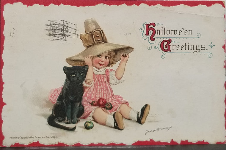 Halloween Postcard Artist Frances Brundage Little Girl Witch with Black Cat Red Trim Tuck Pub. Series 174