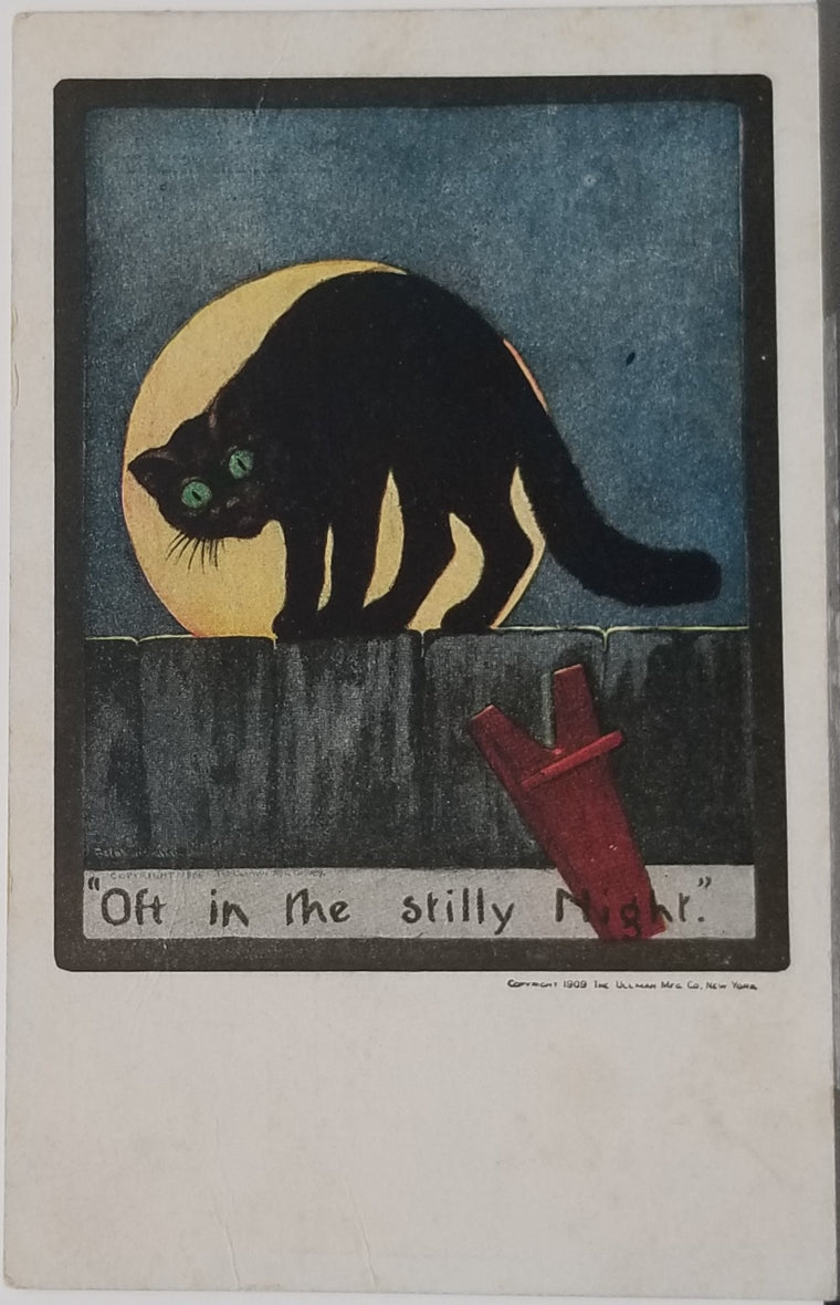 Halloween Postcard Black Cat On Fence Full Moon Ullman Series 138