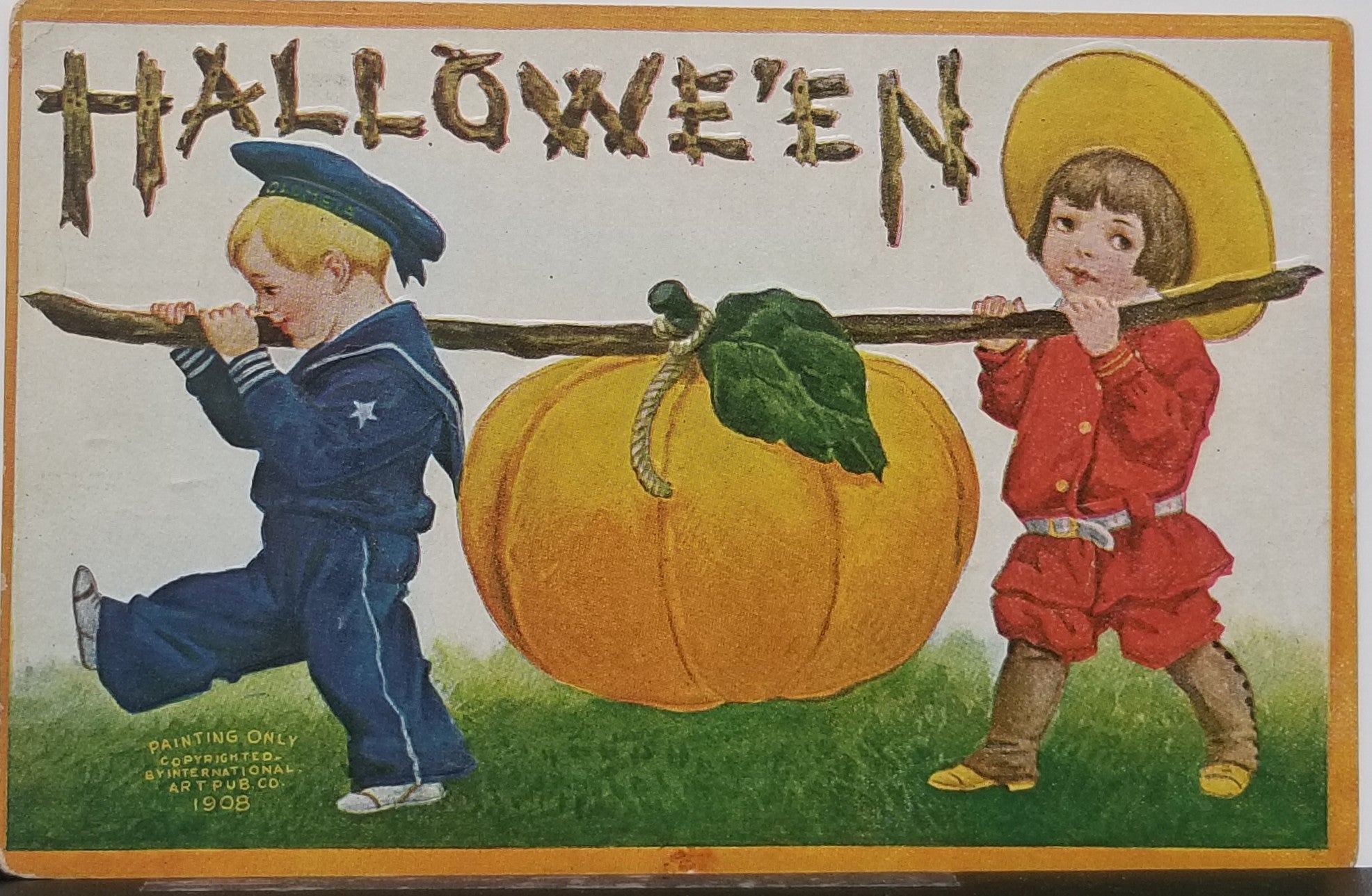 Halloween Postcard Children Carrying Giant JOL Intl Art Publishing