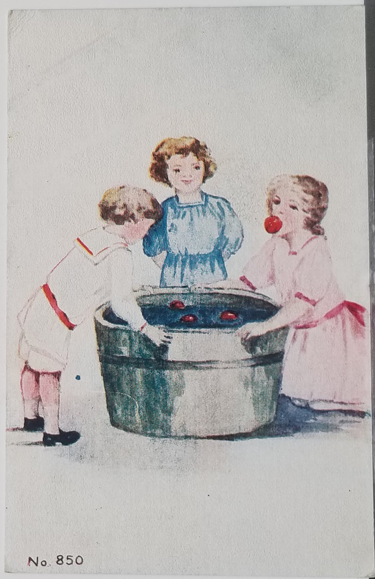 Halloween Postcard Little Boy and Two Girls Apple Bobbing in Wooden Tub No 850 Owens Pub